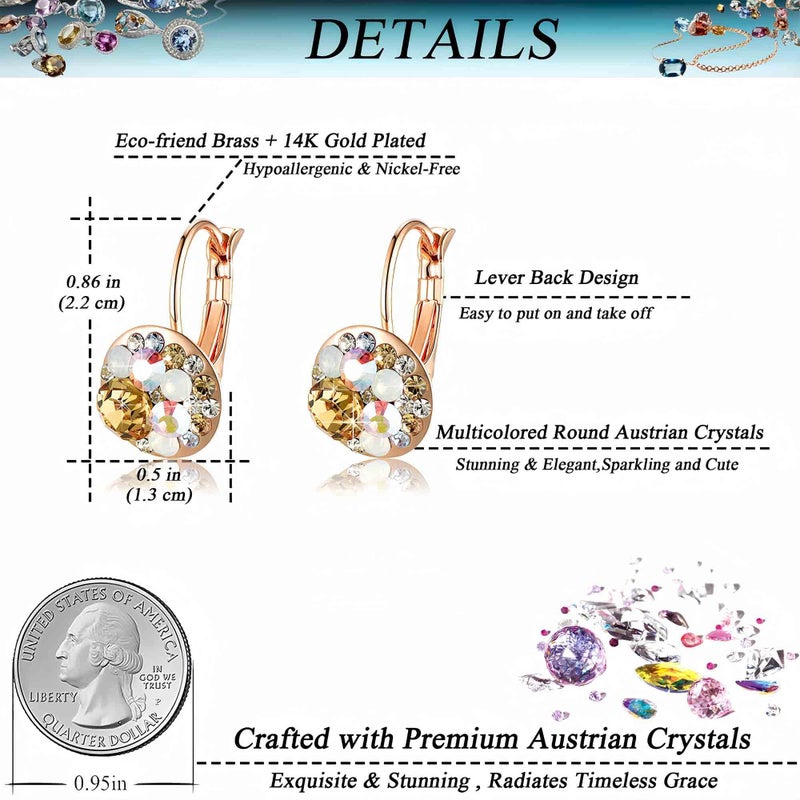 EVEVIC Multicolored Austrian Crystal Drop Earrings for Women 14K Gold Plated Hypoallergenic Leverback Dangle Earrings (Yellow Main Crystal/Rose Gold-tone) - Image 4